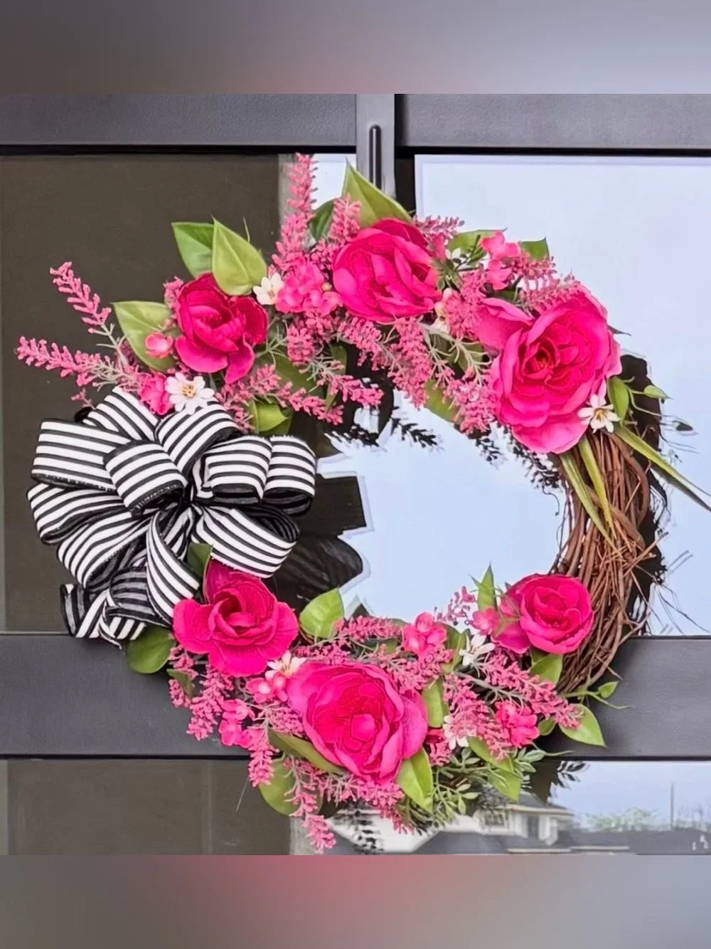 Custom Designed Pink, Black, and White Modern Grapevine Wreath NEW!